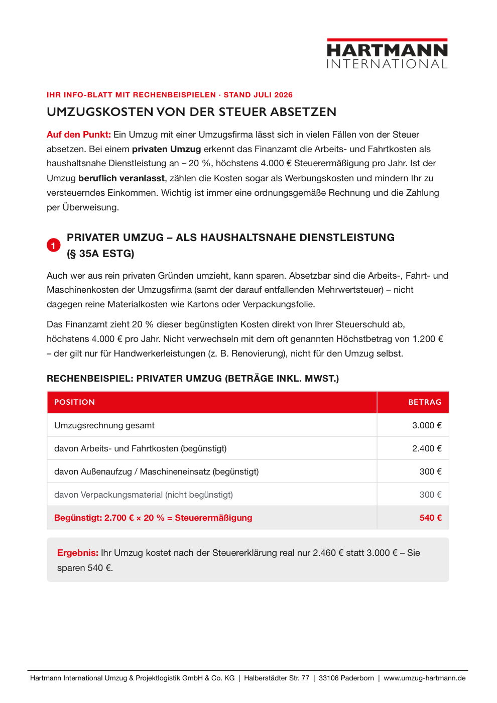 Vorschau des Steuer-Infoblatts ‚Umzugskosten von der Steuer absetzen‘ mit Rechenbeispiel