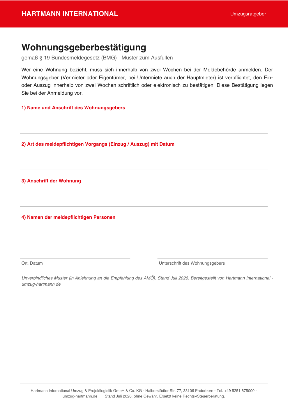 Vorschau der Wohnungsgeberbescheinigung (Muster nach § 19 BMG) zum Ausfüllen