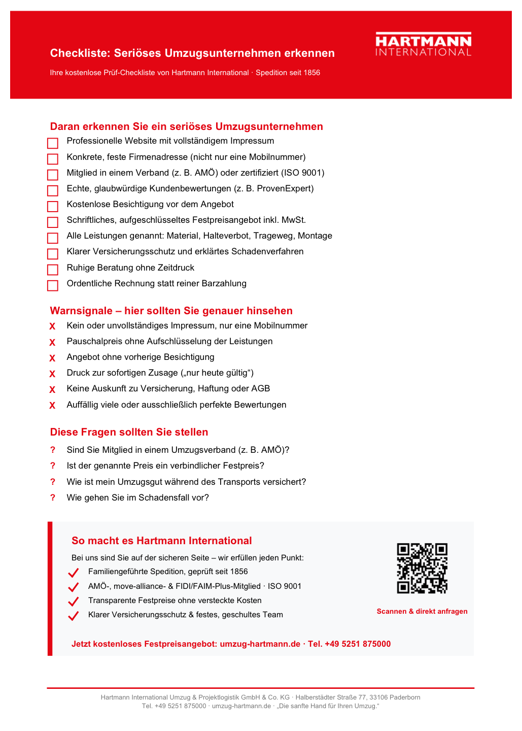 Vorschau der Checkliste ‚Seriöses Umzugsunternehmen erkennen‘ mit Kästchen zum Abhaken